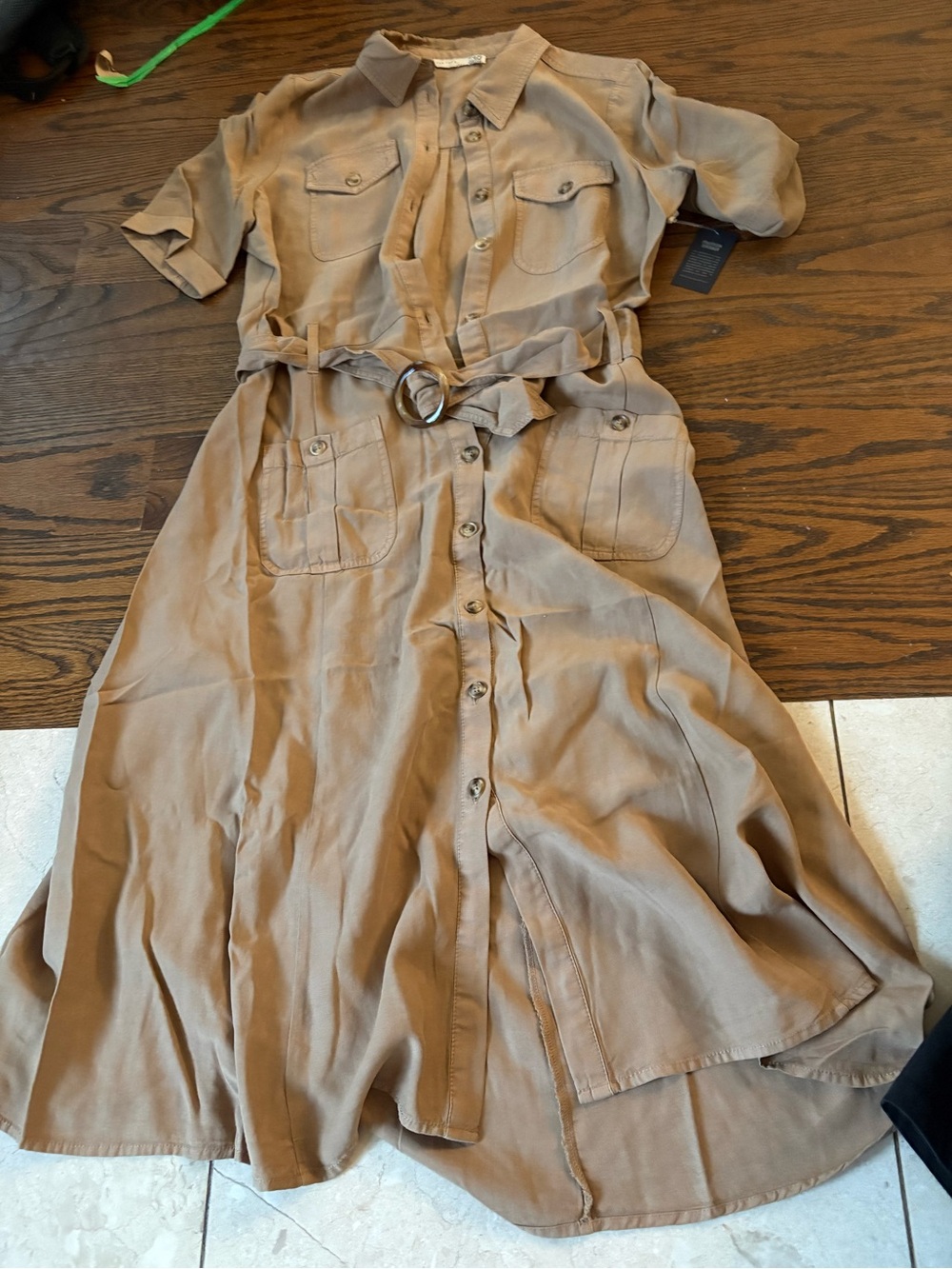 Black Tape_ Button-Front Midi Shirt Dress in Tan
